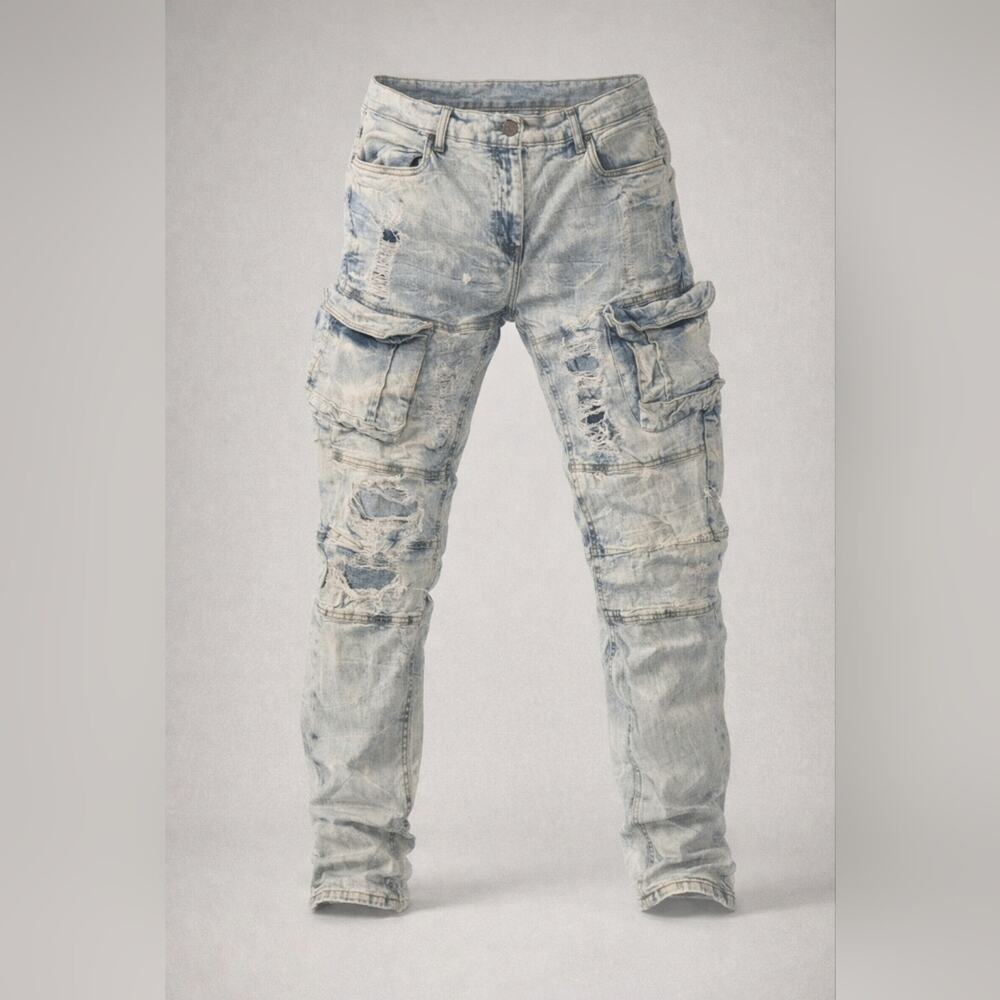 FWRD Denim Y2K Cargo Jeans Mens 38x32 Distressed Light Wash Streetwear